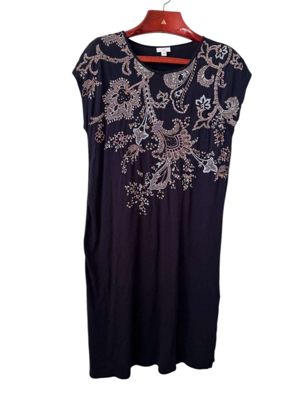 J. Jill Embroidered Boho Shift Midi Dress Navy Blue Tencel Modal